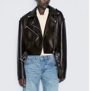 Zara Oversized Cropped Faux Leather Moto Biker Jacket Belted